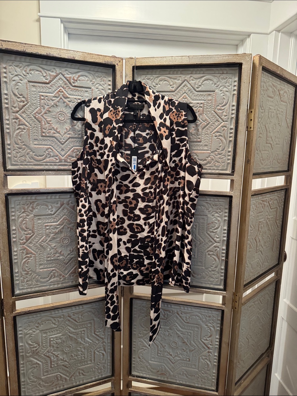 Donna Karan Sleeveless Leopard-Print Tie Front Top - Black & Brown